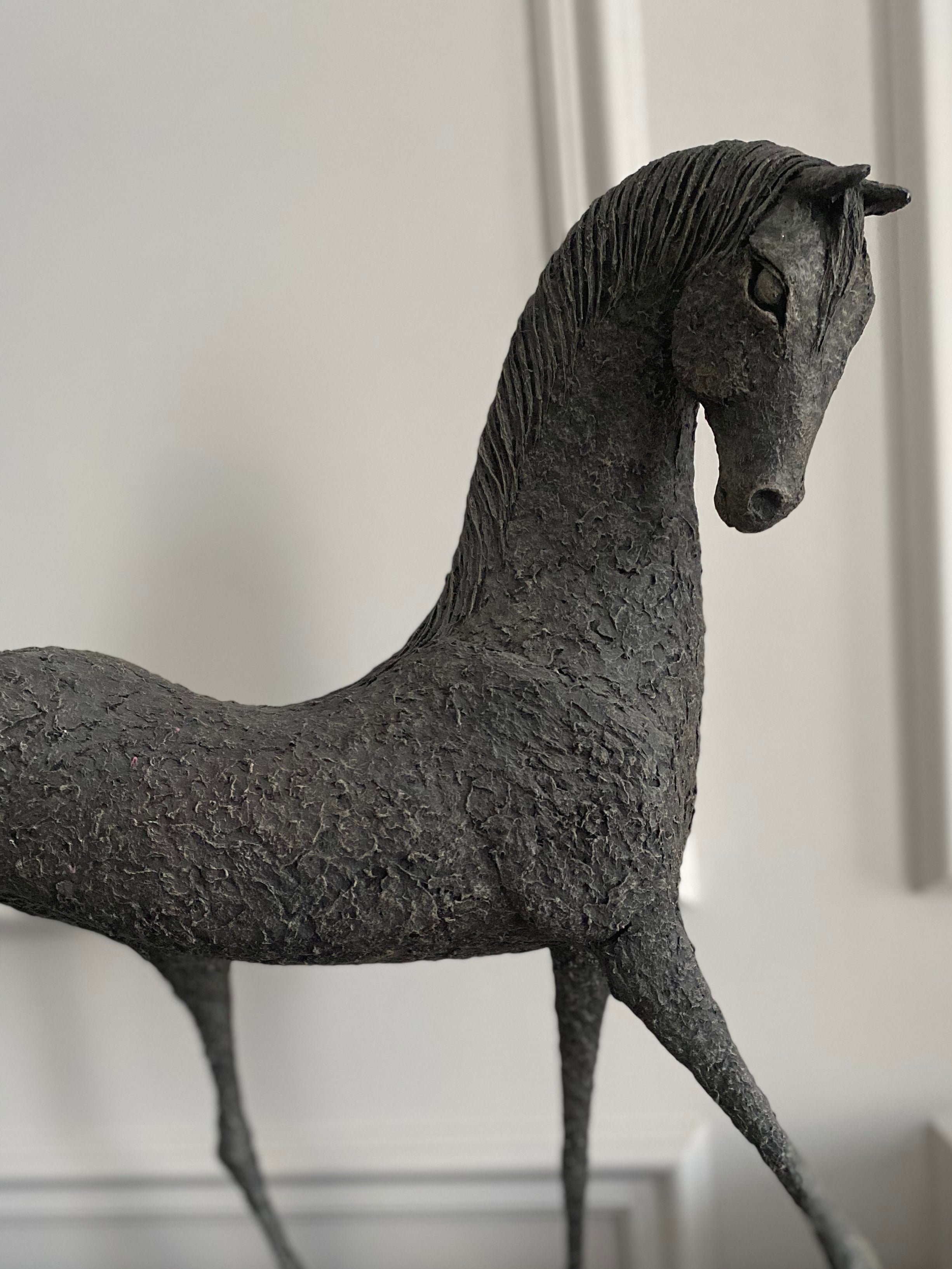 Alexandra Shorey horse sculpture – handmade wire and resin clay figure in dynamic pose for luxury interior.