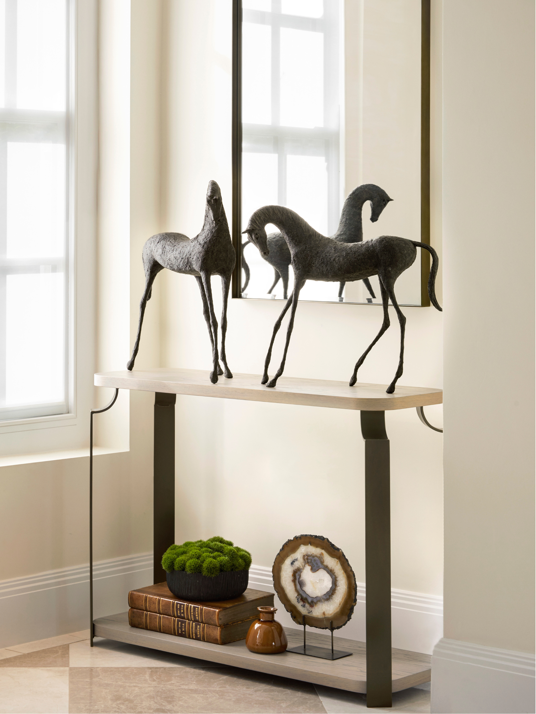 Alexandra Shorey horse sculpture – handmade wire and resin clay figure in dynamic pose for luxury interior.