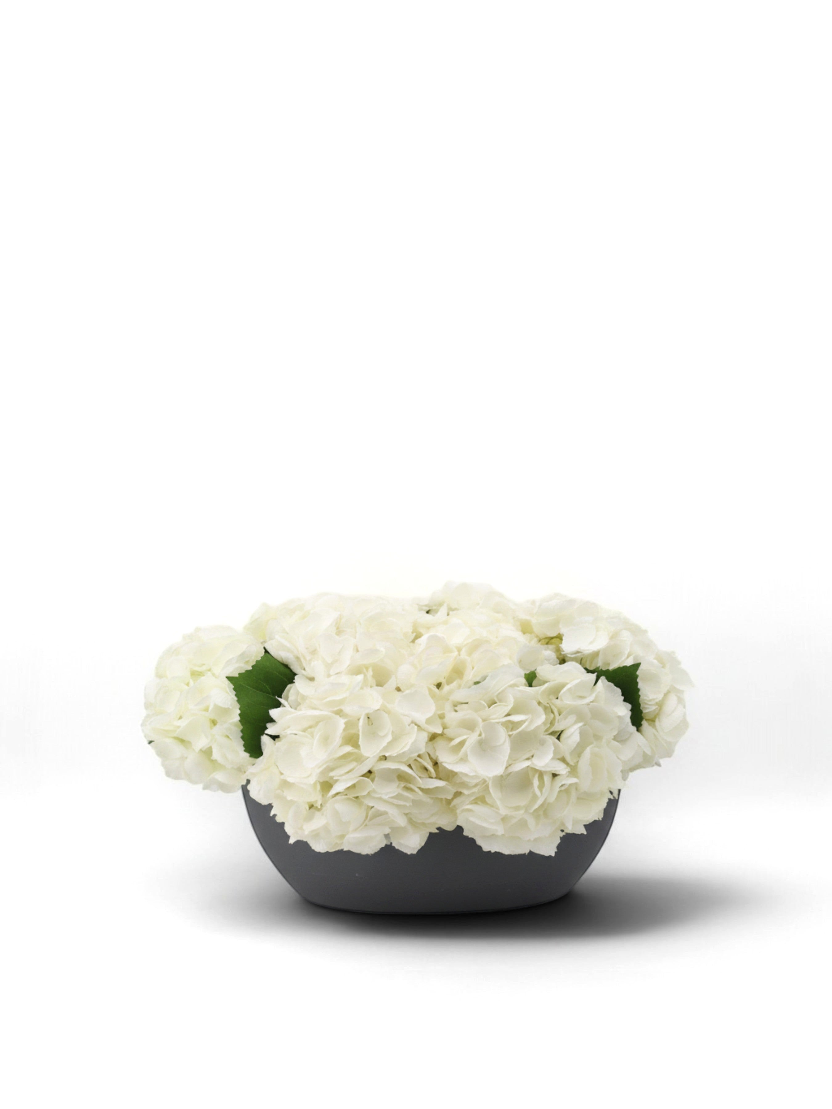 Sixty3 Styled artificial creamy white hydrangeas in a dark grey bowl planter. Lifelike floral arrangement.
