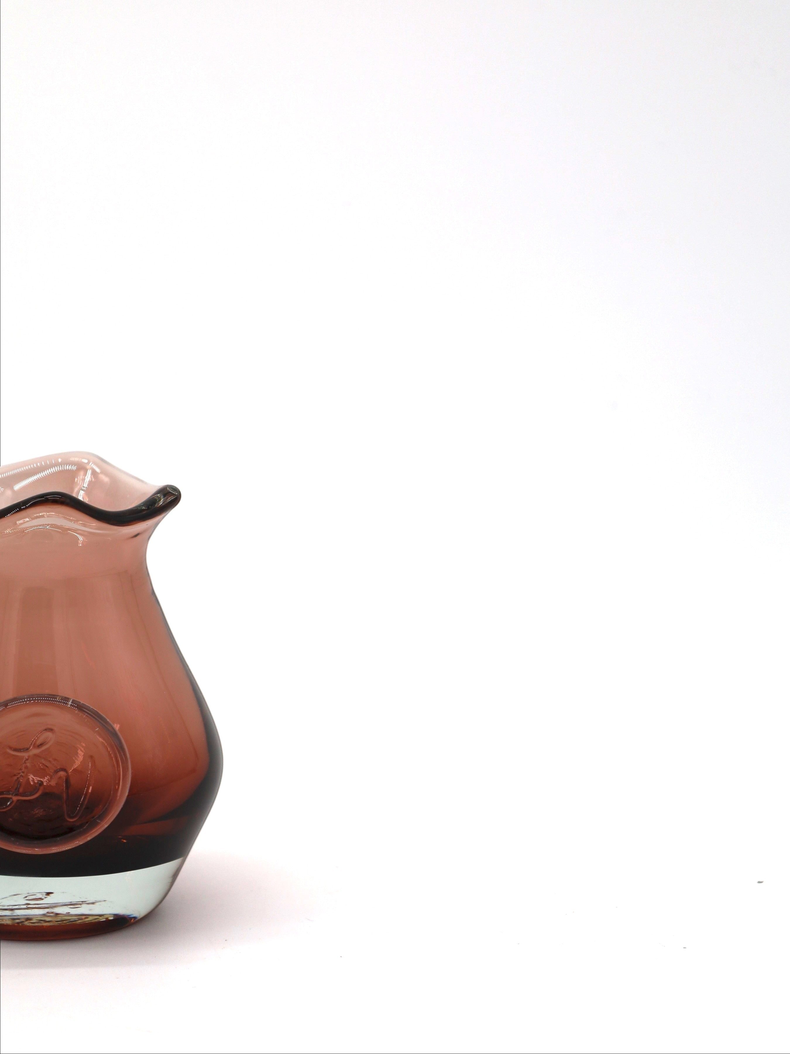 Sixty3 Styled Baby Mia handblown glass vase in tea colour. Unique artisanal piece with embossed detail.