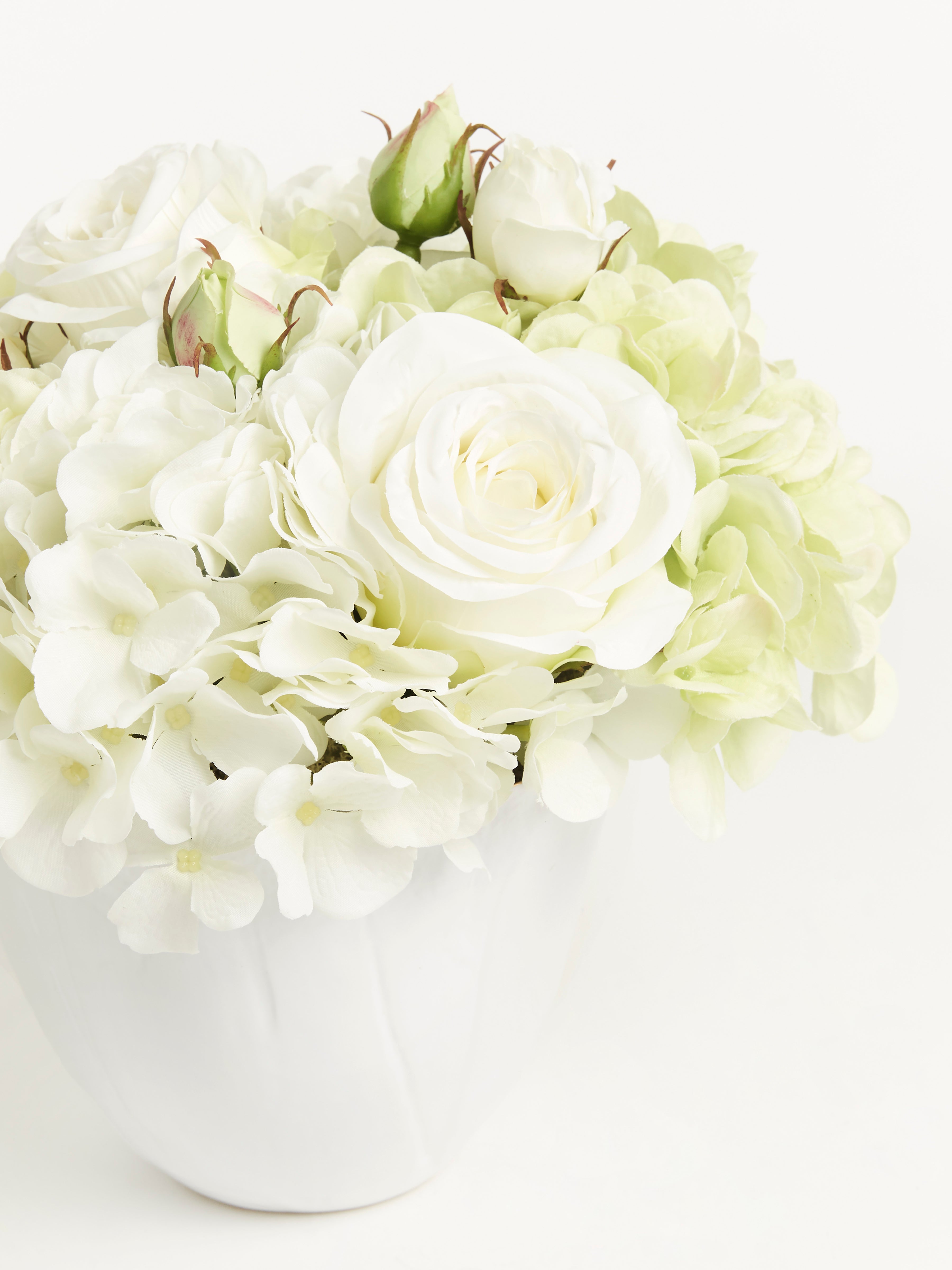 Gold Trim Vase with Hydrangeas and Roses