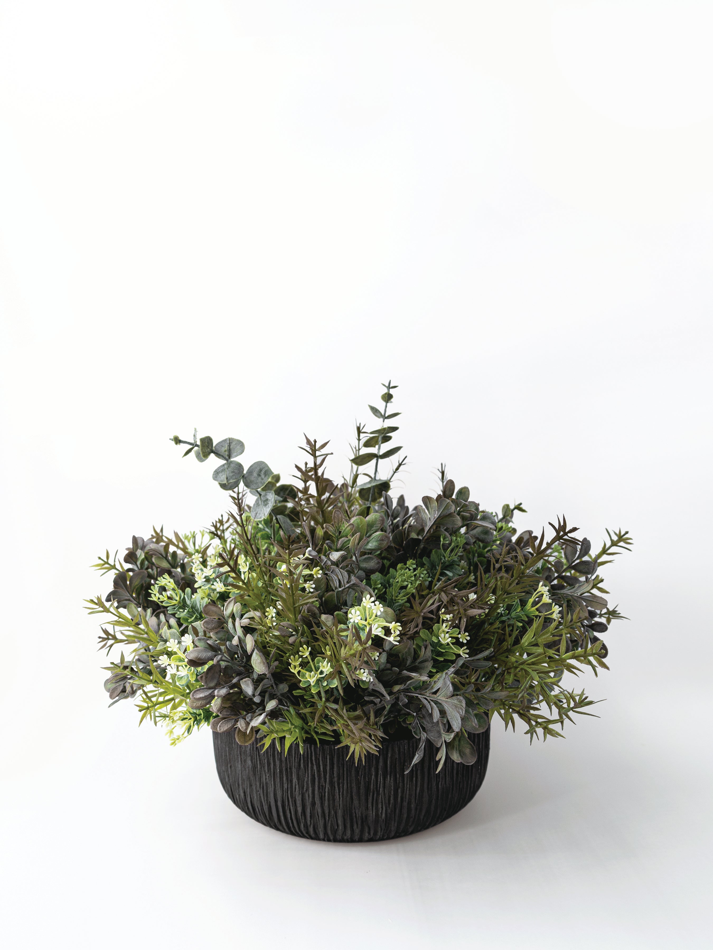 Artificial green plant in a black pot on a white background