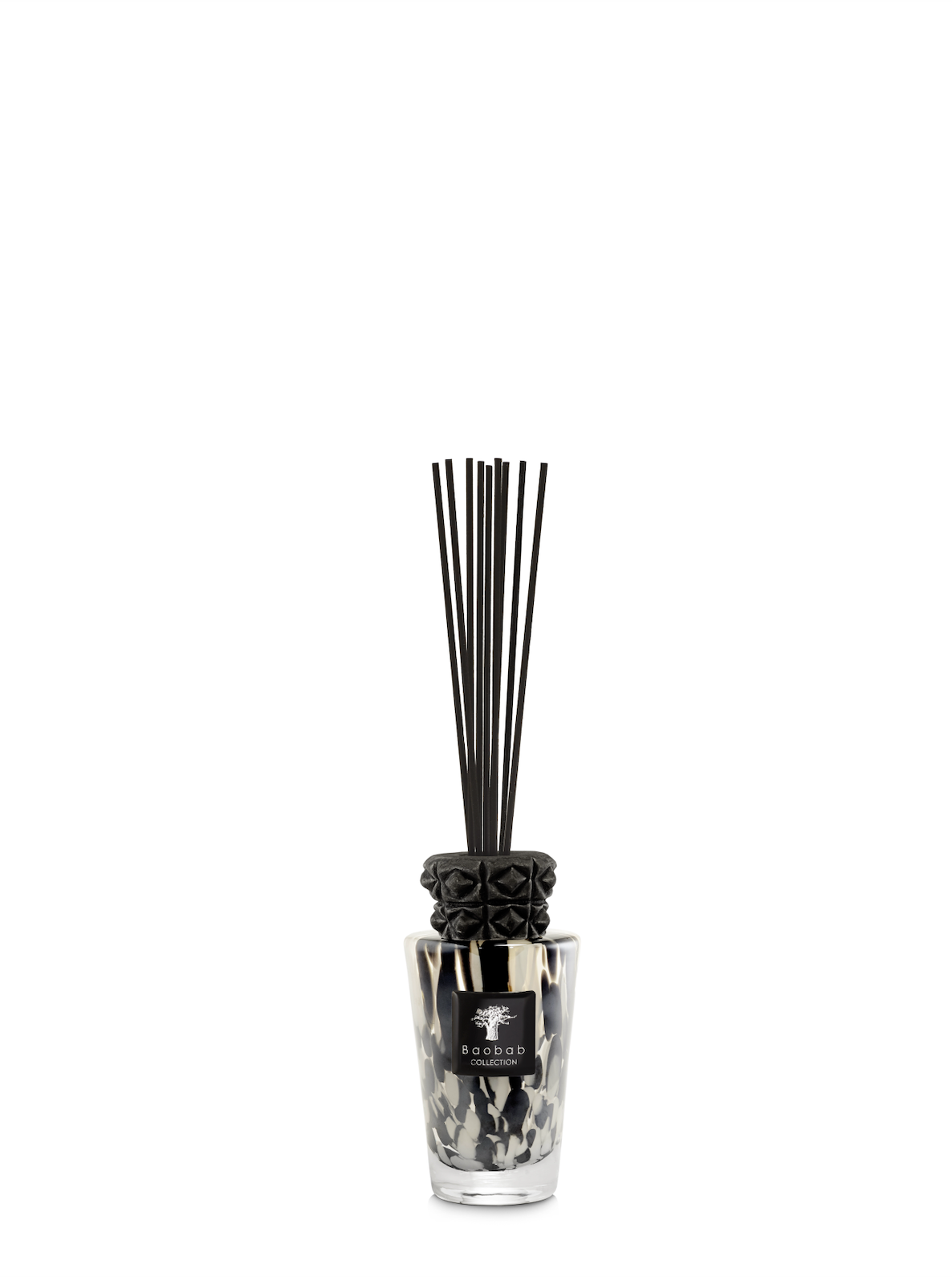 Diffuser with black sticks and decorative top on a white background