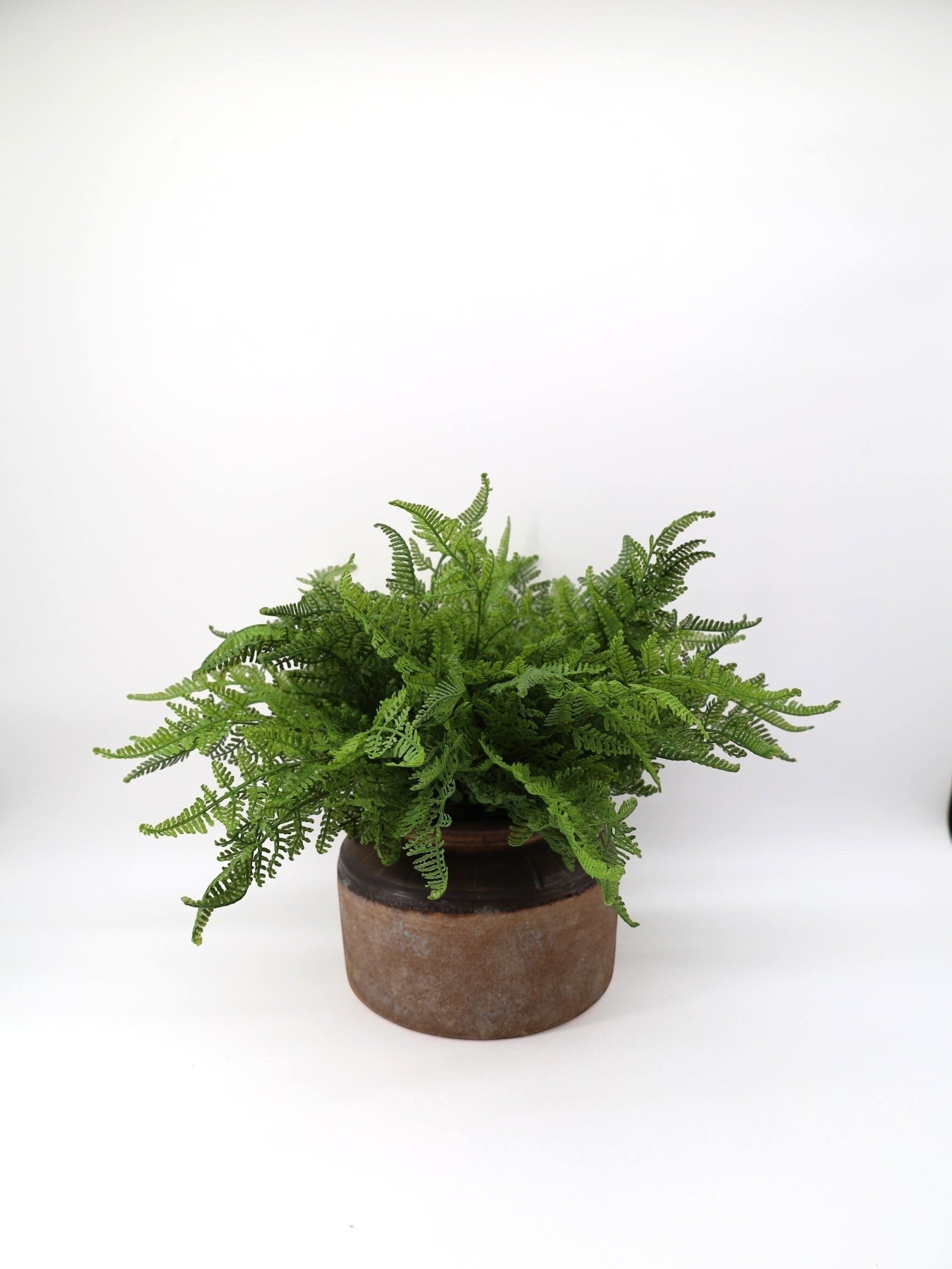 Sixty3 Styled artificial fern plant in a rustic brown and terracotta ceramic pot with detailed green fronds.