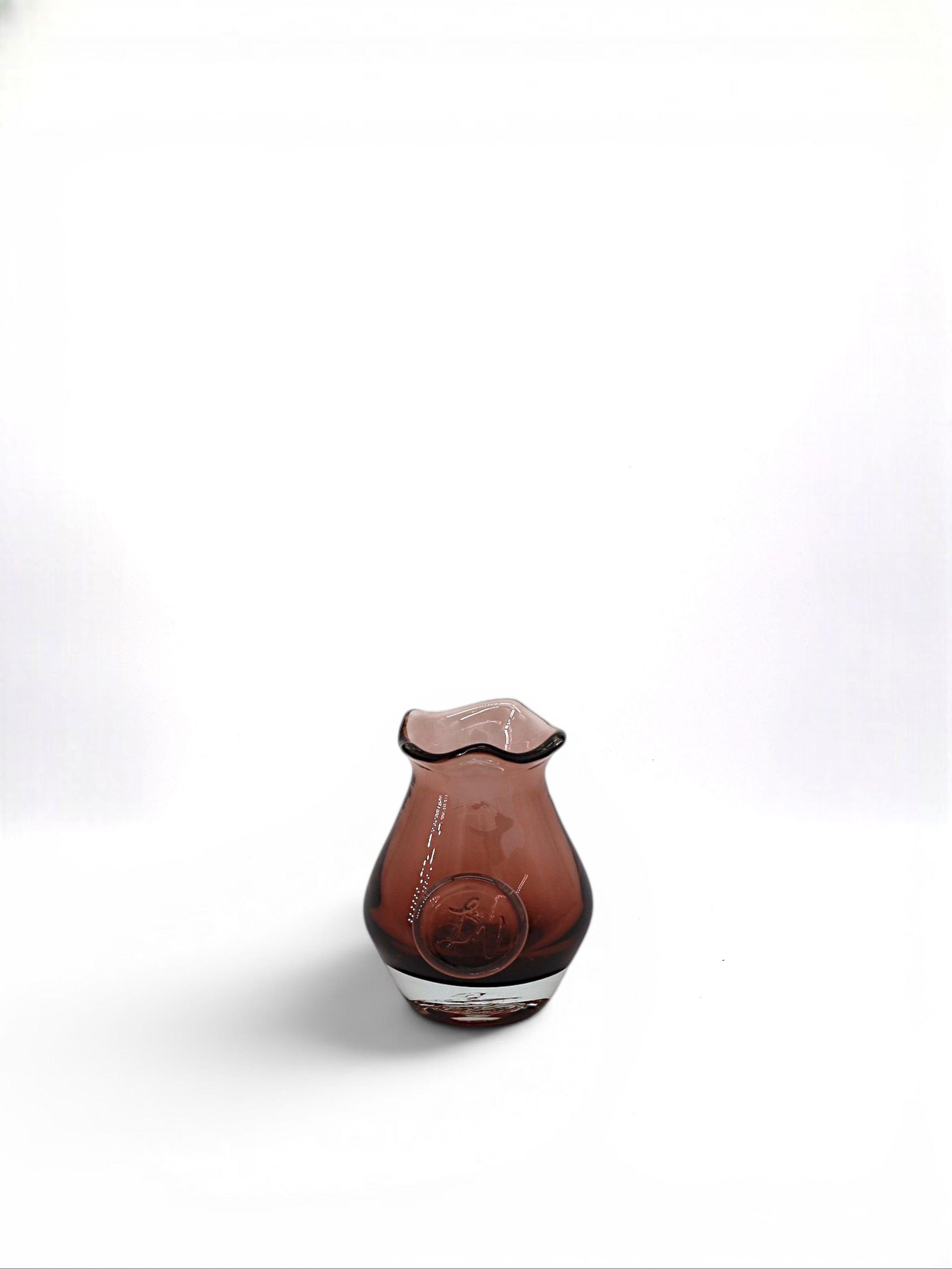 Sixty3 Styled Baby Mia handblown glass vase in tea colour, featuring a ruffled rim and embossed circular detail.