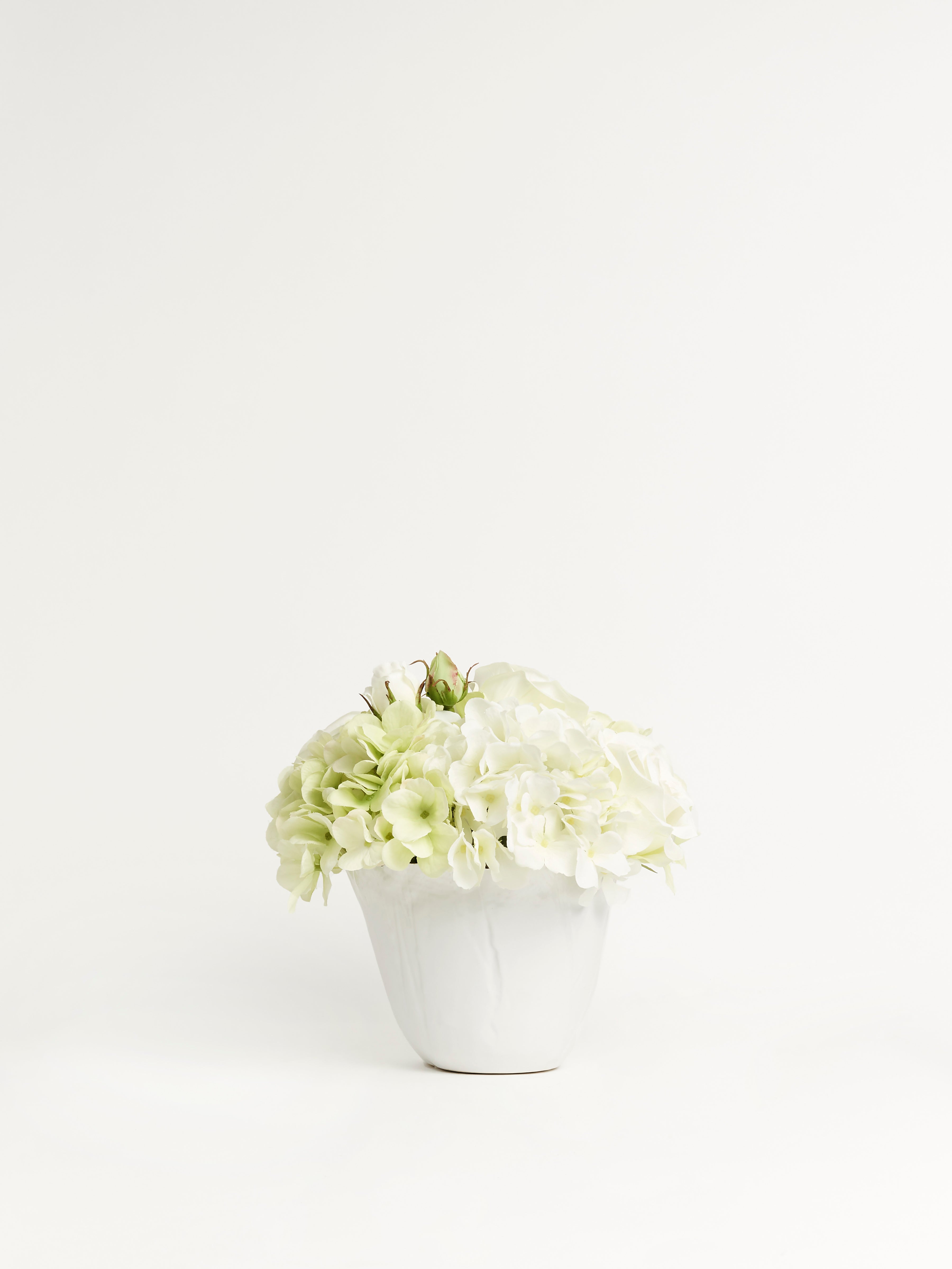 Gold Trim Vase with Hydrangeas and Roses 